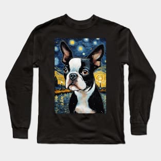 Boston Terrier Dog Breed Painting in a Van Gogh Starry Night Art Style Long Sleeve T-Shirt